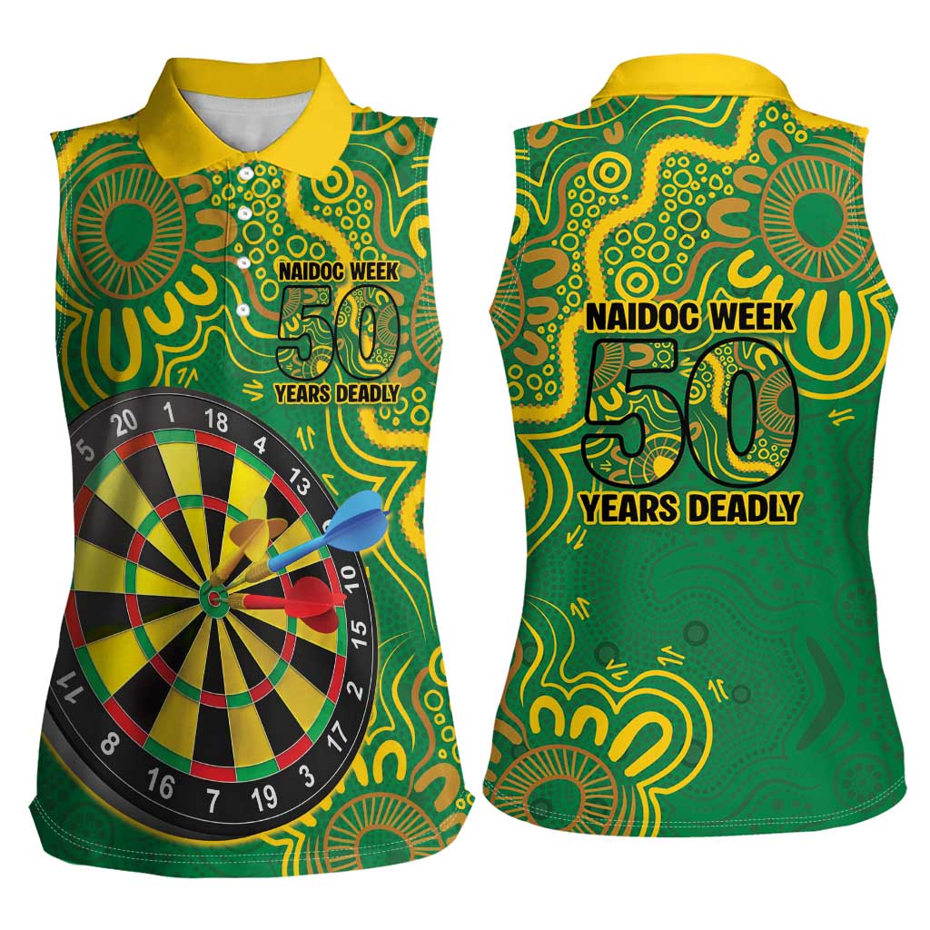 First Nations Darts NAIDOC 2026 Women Sleeveless Polo Shirt Aboriginal Dot Art Dartboard Green