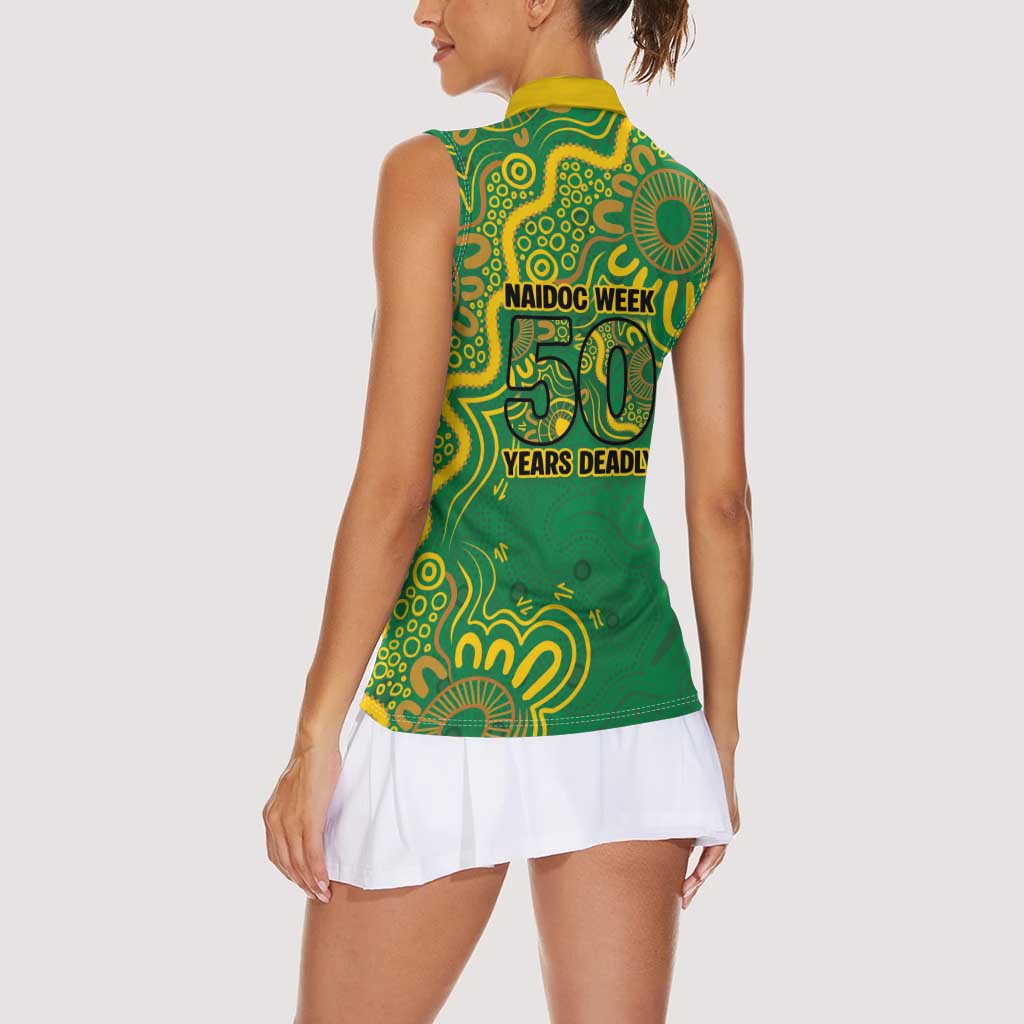 First Nations Darts NAIDOC 2026 Women Sleeveless Polo Shirt Aboriginal Dot Art Dartboard Green