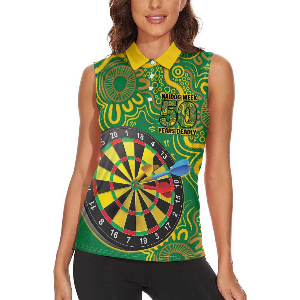 First Nations Darts NAIDOC 2026 Women Sleeveless Polo Shirt Aboriginal Dot Art Dartboard Green