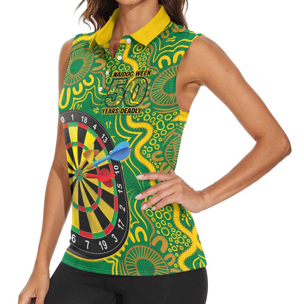 First Nations Darts NAIDOC 2026 Women Sleeveless Polo Shirt Aboriginal Dot Art Dartboard Green