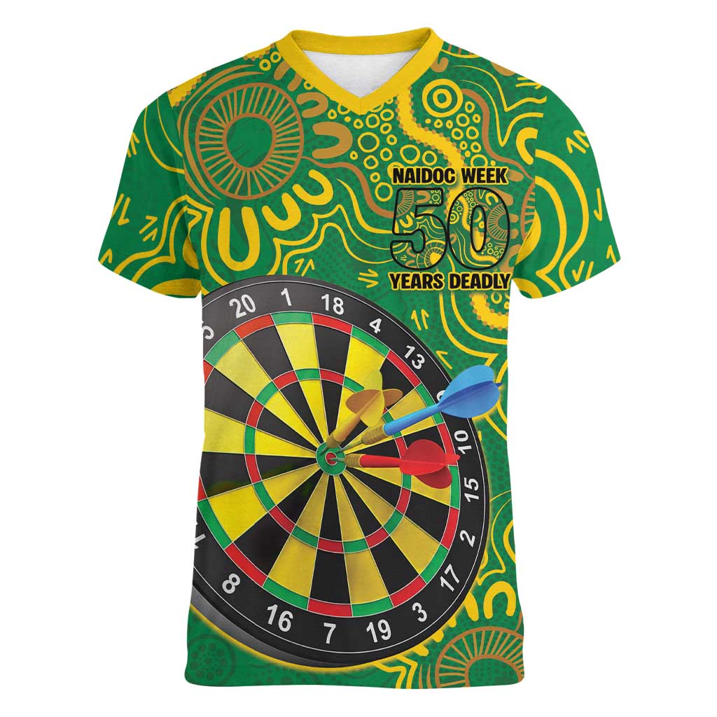 First Nations Darts NAIDOC 2026 Women V-Neck T-Shirt Aboriginal Dot Art Dartboard Green
