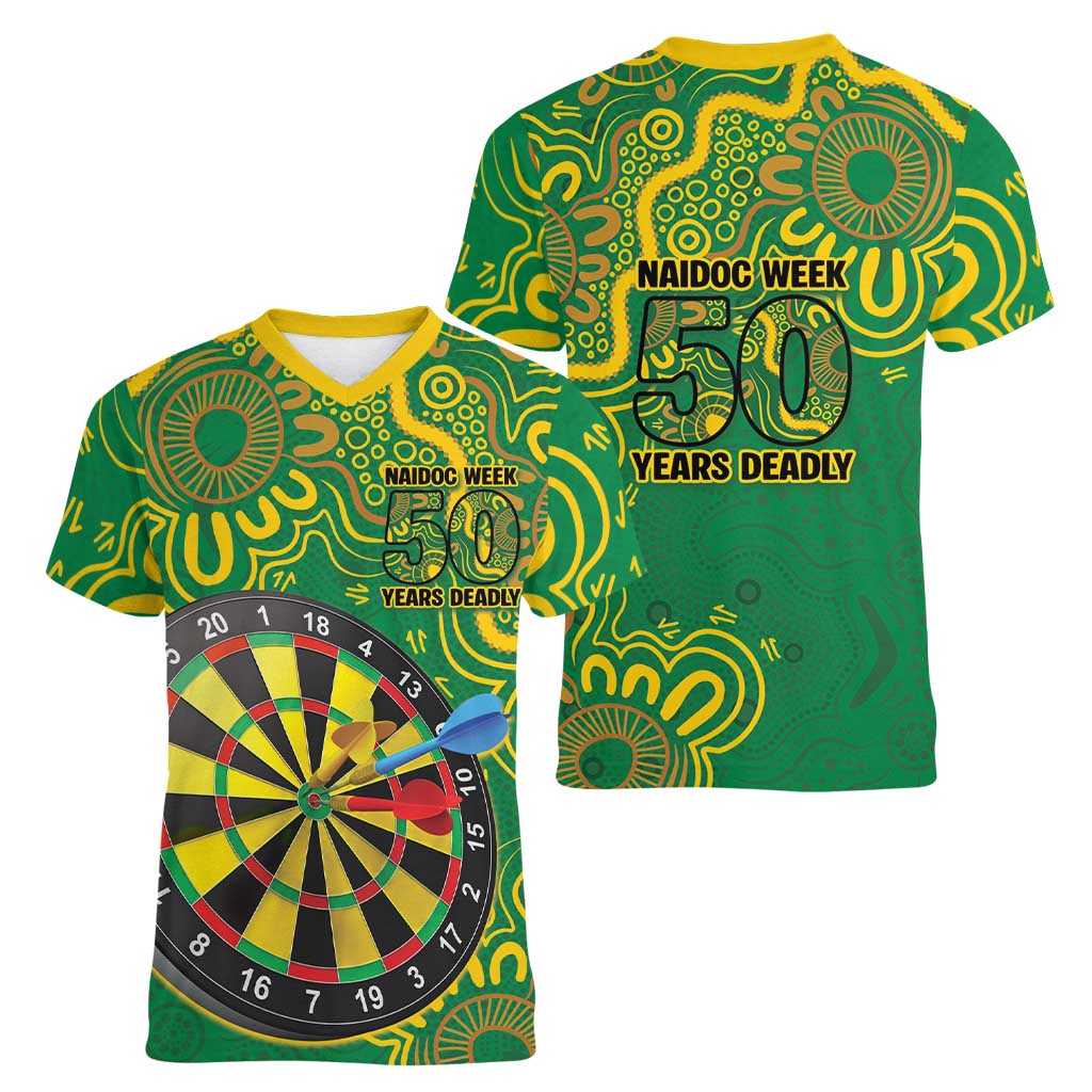 First Nations Darts NAIDOC 2026 Women V-Neck T-Shirt Aboriginal Dot Art Dartboard Green