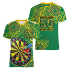 First Nations Darts NAIDOC 2026 Women V-Neck T-Shirt Aboriginal Dot Art Dartboard Green