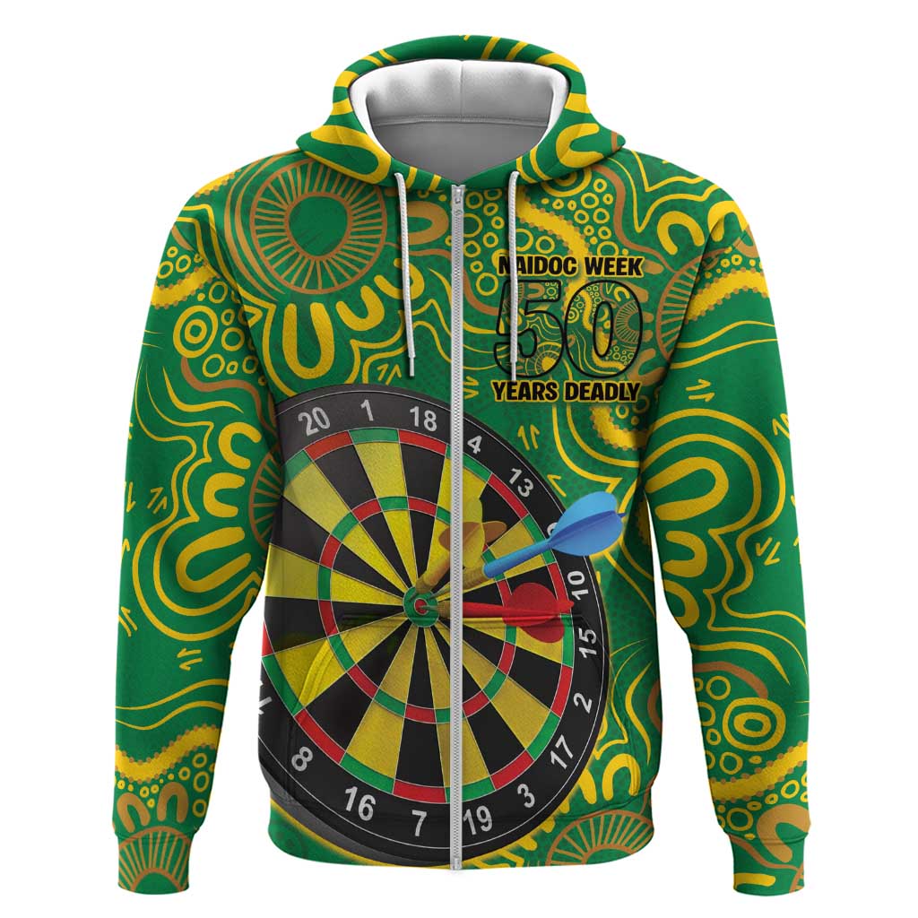 First Nations Darts NAIDOC 2026 Zip Hoodie Aboriginal Dot Art Dartboard Green