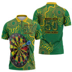 First Nations Darts NAIDOC 2026 Zipper Polo Shirt Aboriginal Dot Art Dartboard Green