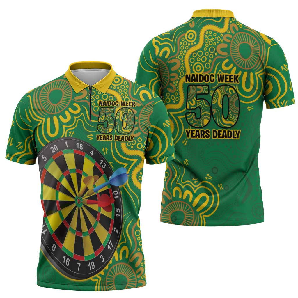 First Nations Darts NAIDOC 2026 Zipper Polo Shirt Aboriginal Dot Art Dartboard Green