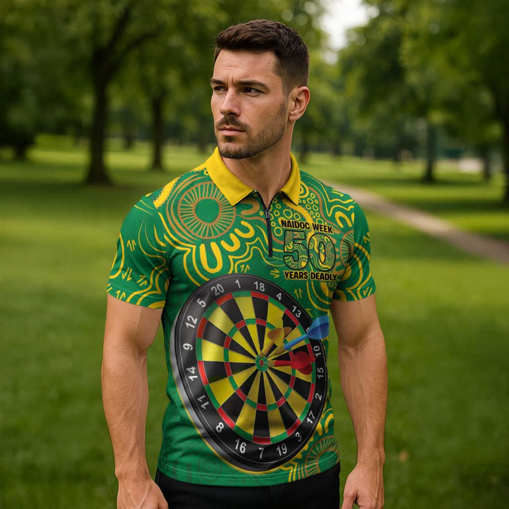 First Nations Darts NAIDOC 2026 Zipper Polo Shirt Aboriginal Dot Art Dartboard Green
