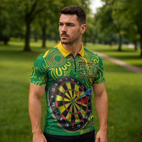 First Nations Darts NAIDOC 2026 Zipper Polo Shirt Aboriginal Dot Art Dartboard Green