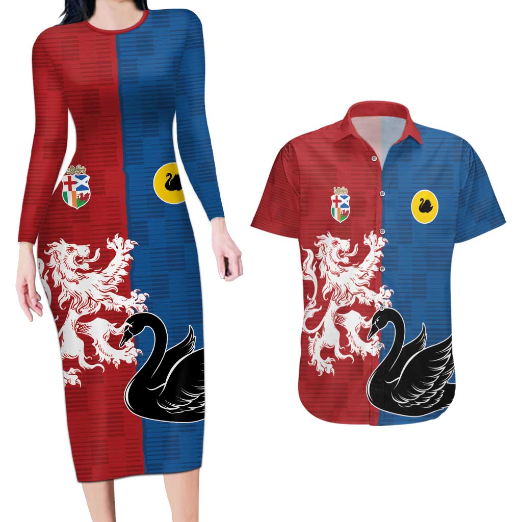 Custom British Lions Western Force Couples Matching Long Sleeve Bodycon Dress and Hawaiian Shirt Unique Style - Aussie Hoodie