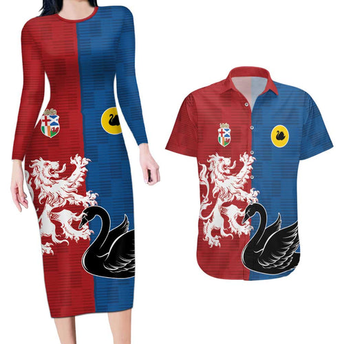 Custom British Lions Western Force Couples Matching Long Sleeve Bodycon Dress and Hawaiian Shirt Unique Style - Aussie Hoodie