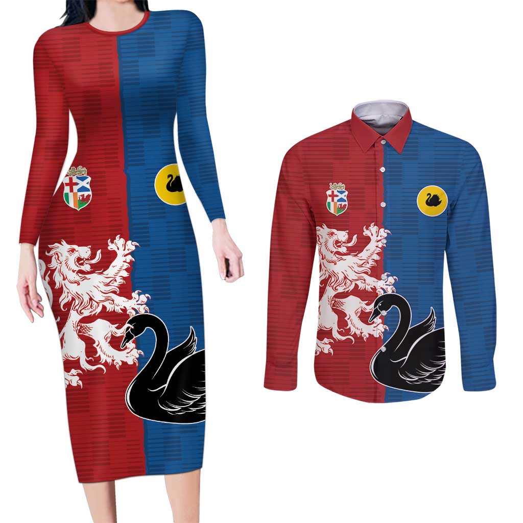 Custom British Lions Western Force Couples Matching Long Sleeve Bodycon Dress and Long Sleeve Button Shirt Unique Style - Aussie Hoodie