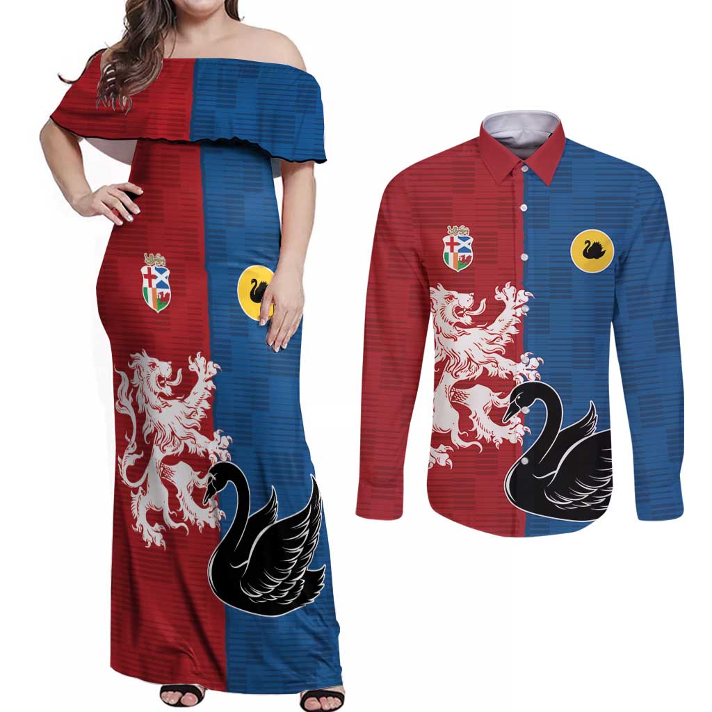Custom British Lions Western Force Couples Matching Off Shoulder Maxi Dress and Long Sleeve Button Shirt Unique Style - Aussie Hoodie
