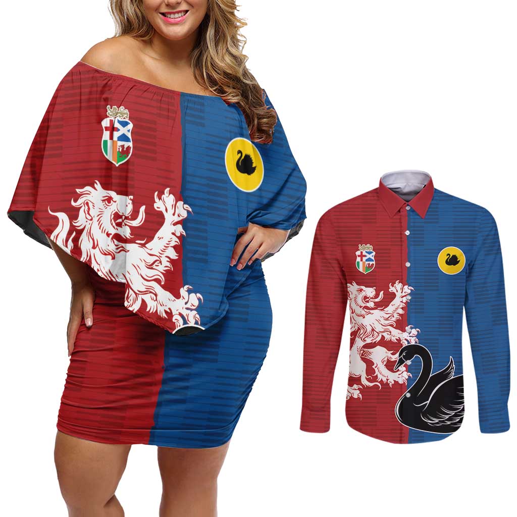 Custom British Lions Western Force Couples Matching Off Shoulder Short Dress and Long Sleeve Button Shirt Unique Style - Aussie Hoodie
