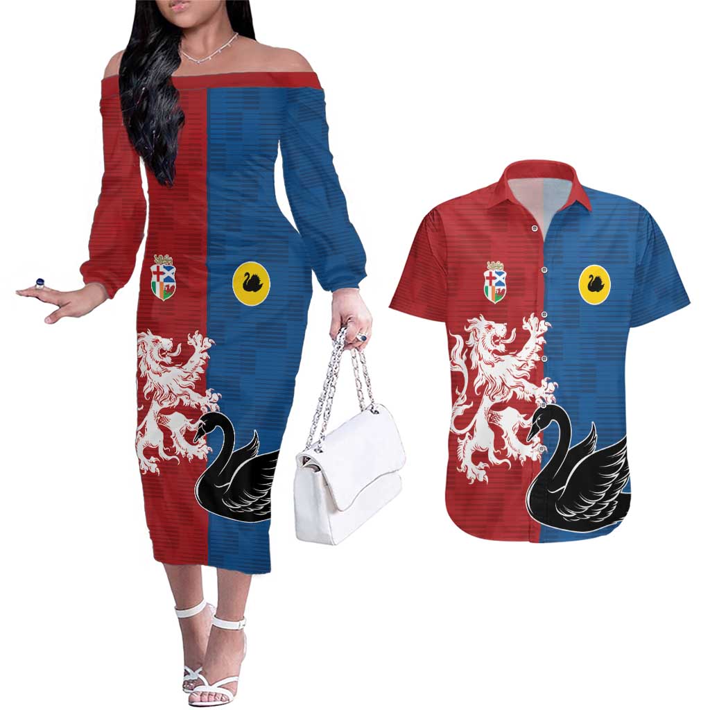 Custom British Lions Western Force Couples Matching Off The Shoulder Long Sleeve Dress and Hawaiian Shirt Unique Style - Aussie Hoodie