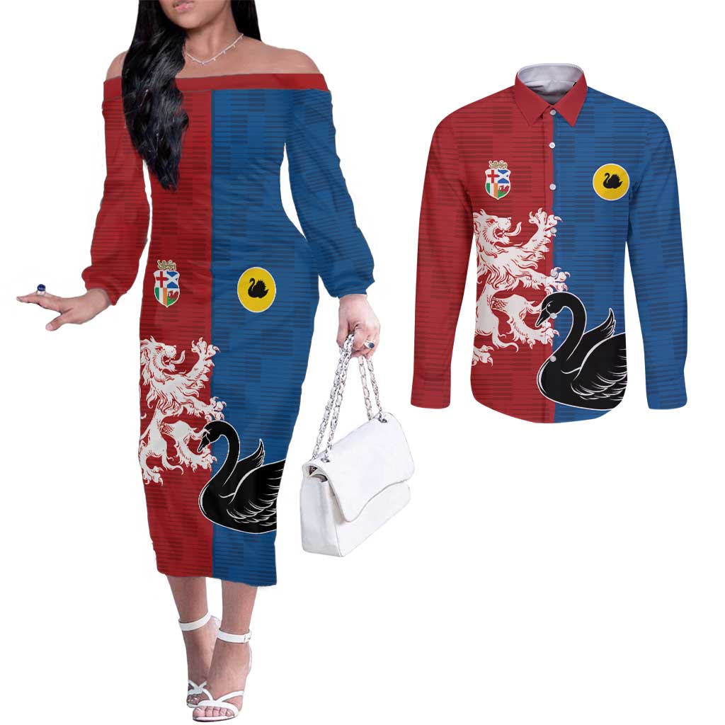 Custom British Lions Western Force Couples Matching Off The Shoulder Long Sleeve Dress and Long Sleeve Button Shirt Unique Style - Aussie Hoodie