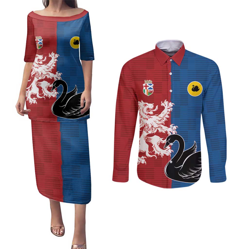 Custom British Lions Western Force Couples Matching Puletasi and Long Sleeve Button Shirt Unique Style - Aussie Hoodie