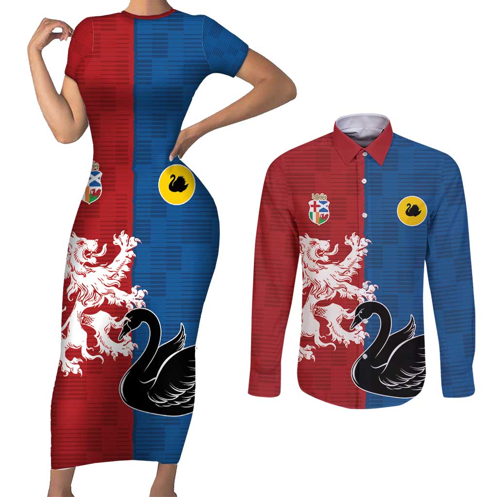 Custom British Lions Western Force Couples Matching Short Sleeve Bodycon Dress and Long Sleeve Button Shirt Unique Style - Aussie Hoodie