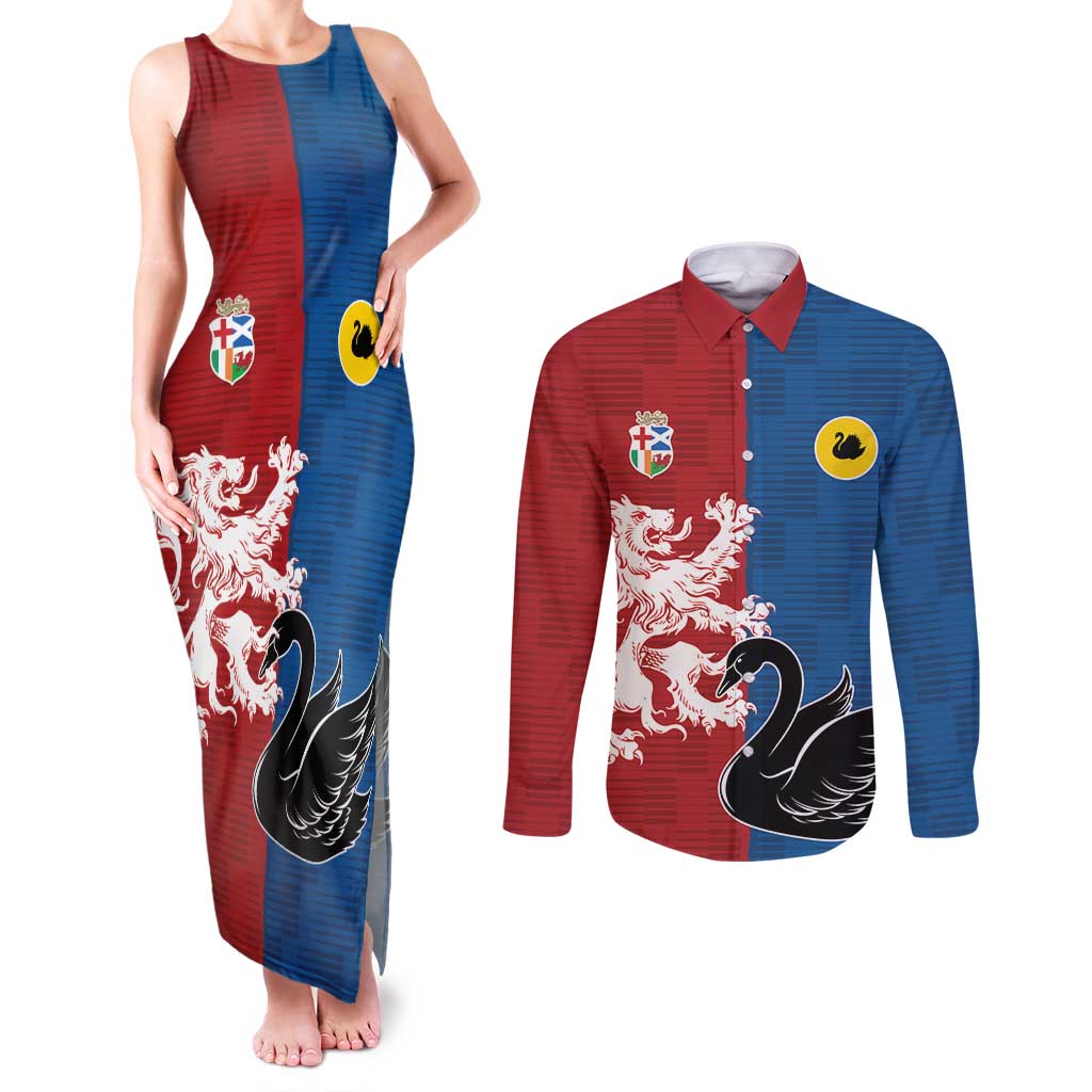 Custom British Lions Western Force Couples Matching Tank Maxi Dress and Long Sleeve Button Shirt Unique Style - Aussie Hoodie