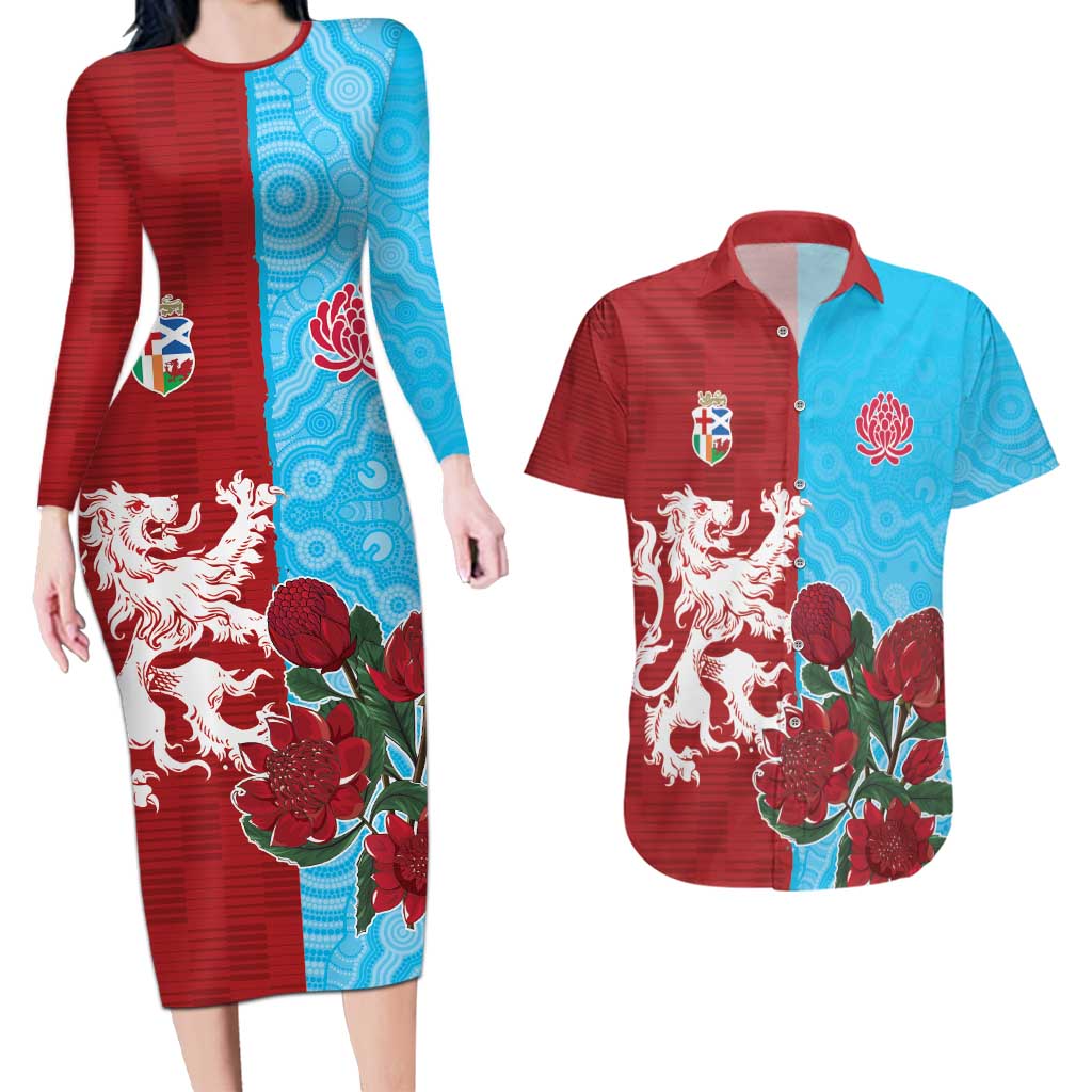 Custom British Lions Waratahs Couples Matching Long Sleeve Bodycon Dress and Hawaiian Shirt Unique Style - Aussie Hoodie