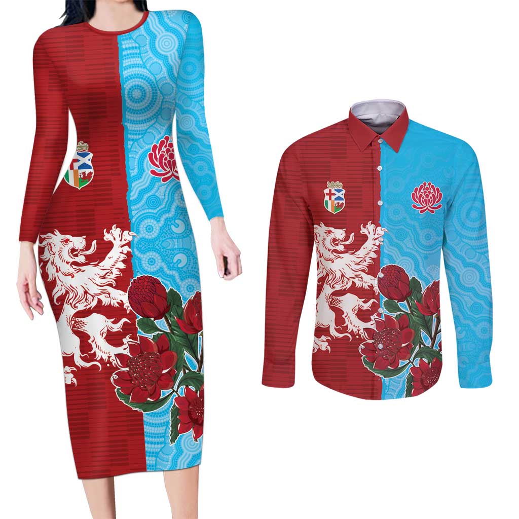 Custom British Lions Waratahs Couples Matching Long Sleeve Bodycon Dress and Long Sleeve Button Shirt Unique Style - Aussie Hoodie