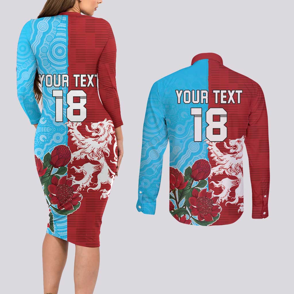 Custom British Lions Waratahs Couples Matching Long Sleeve Bodycon Dress and Long Sleeve Button Shirt Unique Style - Aussie Hoodie