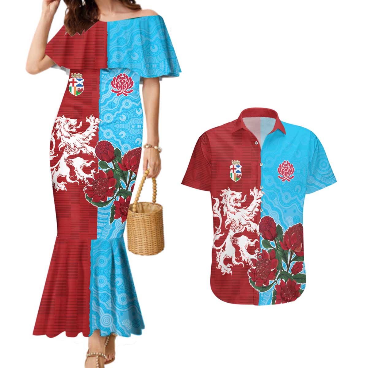 Custom British Lions Waratahs Couples Matching Mermaid Dress and Hawaiian Shirt Unique Style - Aussie Hoodie