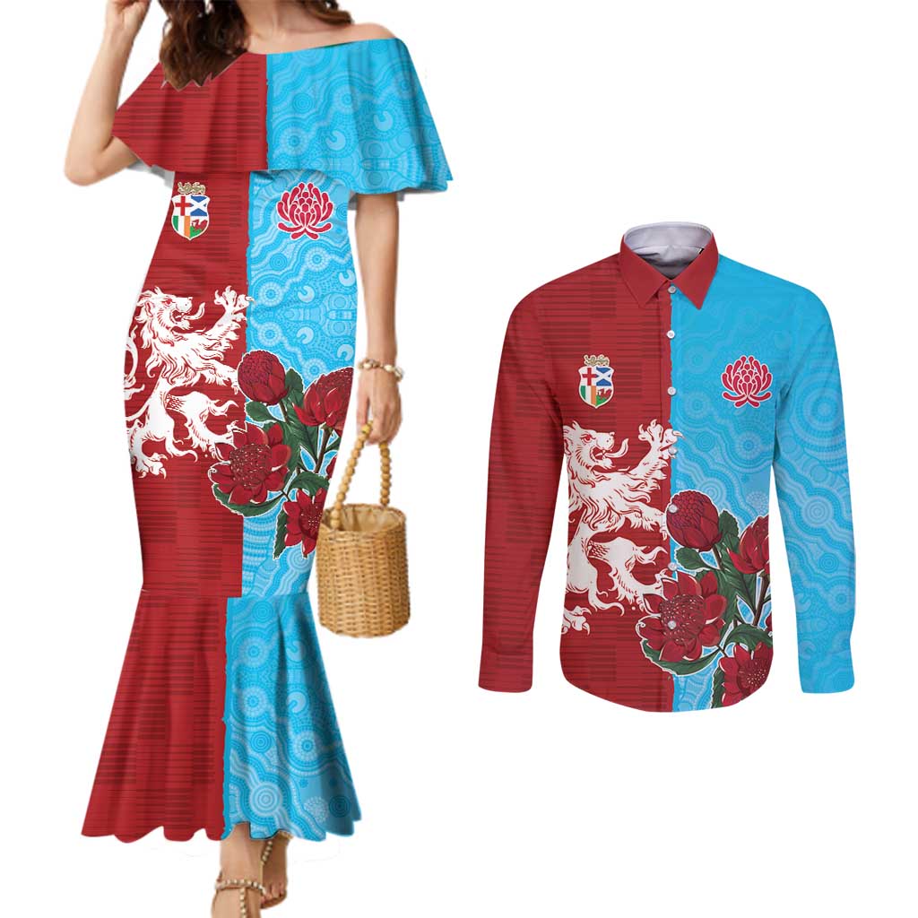 Custom British Lions Waratahs Couples Matching Mermaid Dress and Long Sleeve Button Shirt Unique Style - Aussie Hoodie