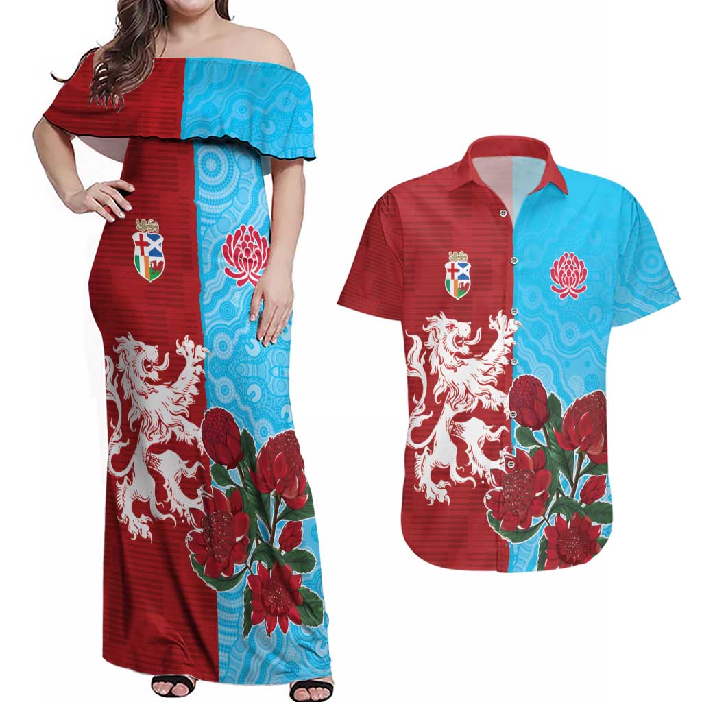 Custom British Lions Waratahs Couples Matching Off Shoulder Maxi Dress and Hawaiian Shirt Unique Style - Aussie Hoodie