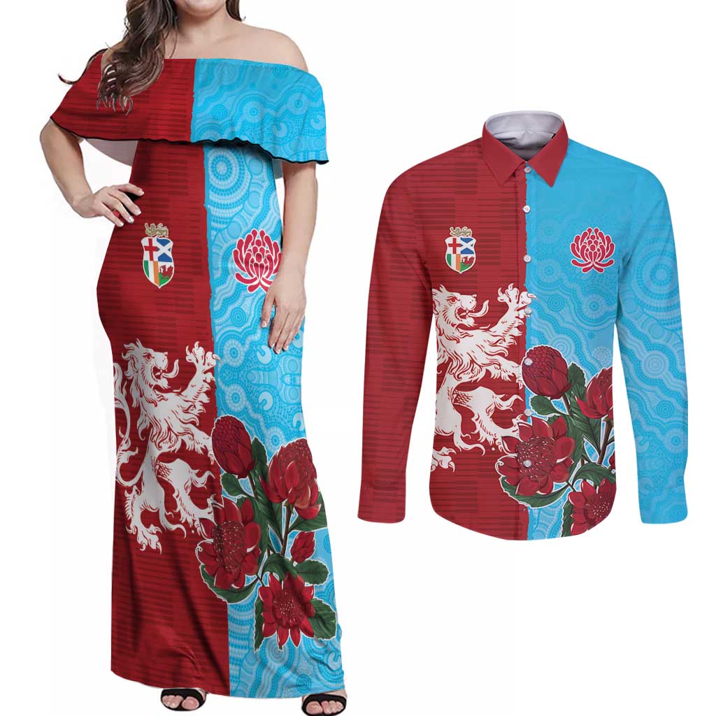 Custom British Lions Waratahs Couples Matching Off Shoulder Maxi Dress and Long Sleeve Button Shirt Unique Style - Aussie Hoodie