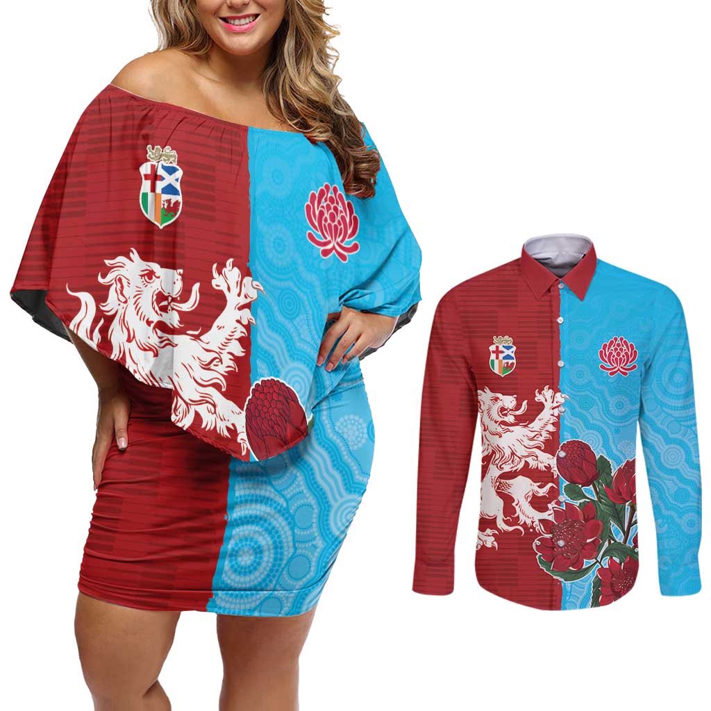 Custom British Lions Waratahs Couples Matching Off Shoulder Short Dress and Long Sleeve Button Shirt Unique Style - Aussie Hoodie