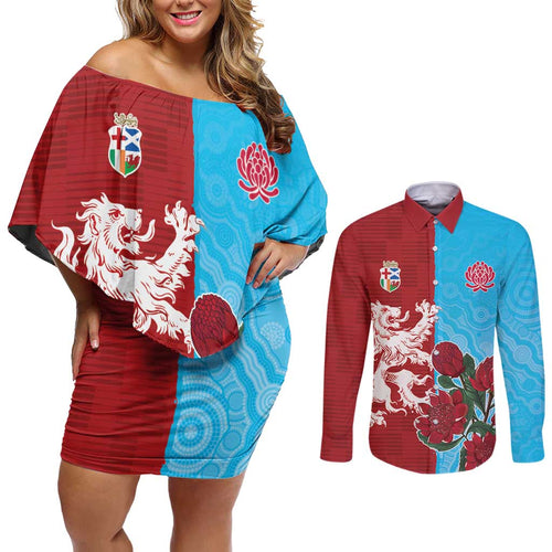 Custom British Lions Waratahs Couples Matching Off Shoulder Short Dress and Long Sleeve Button Shirt Unique Style - Aussie Hoodie