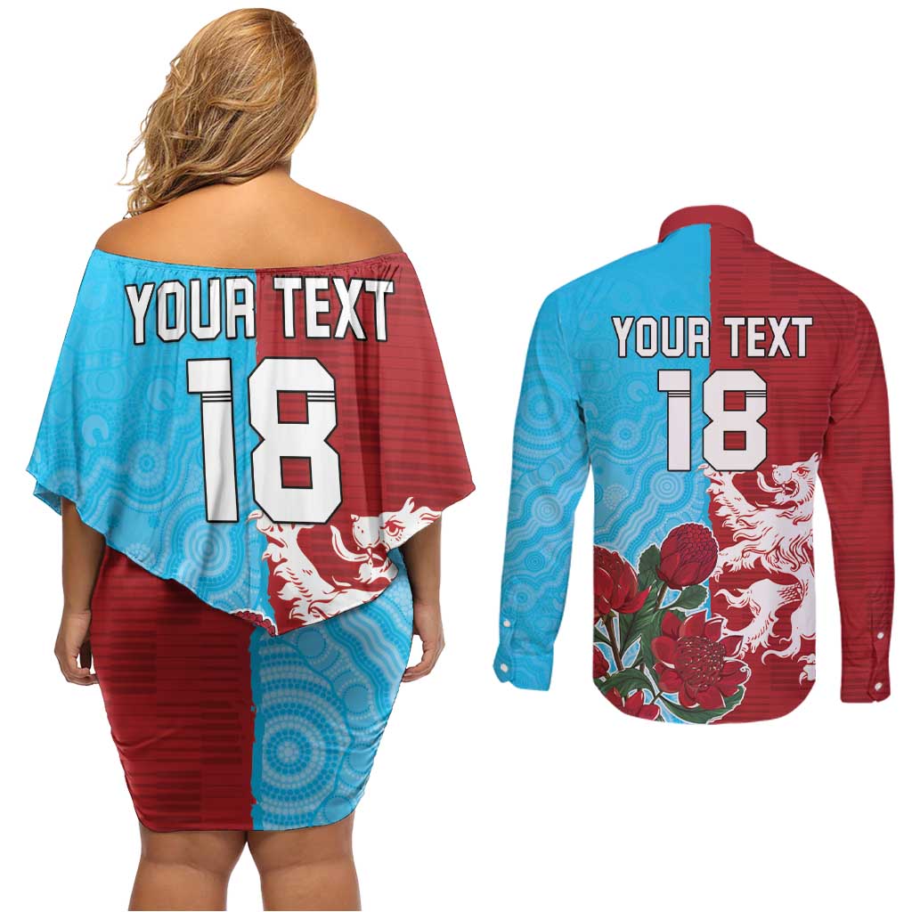 Custom British Lions Waratahs Couples Matching Off Shoulder Short Dress and Long Sleeve Button Shirt Unique Style - Aussie Hoodie