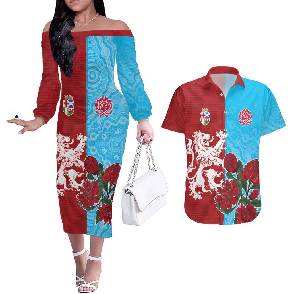 Custom British Lions Waratahs Couples Matching Off The Shoulder Long Sleeve Dress and Hawaiian Shirt Unique Style - Aussie Hoodie