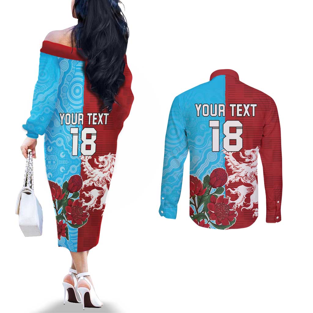 Custom British Lions Waratahs Couples Matching Off The Shoulder Long Sleeve Dress and Long Sleeve Button Shirt Unique Style - Aussie Hoodie