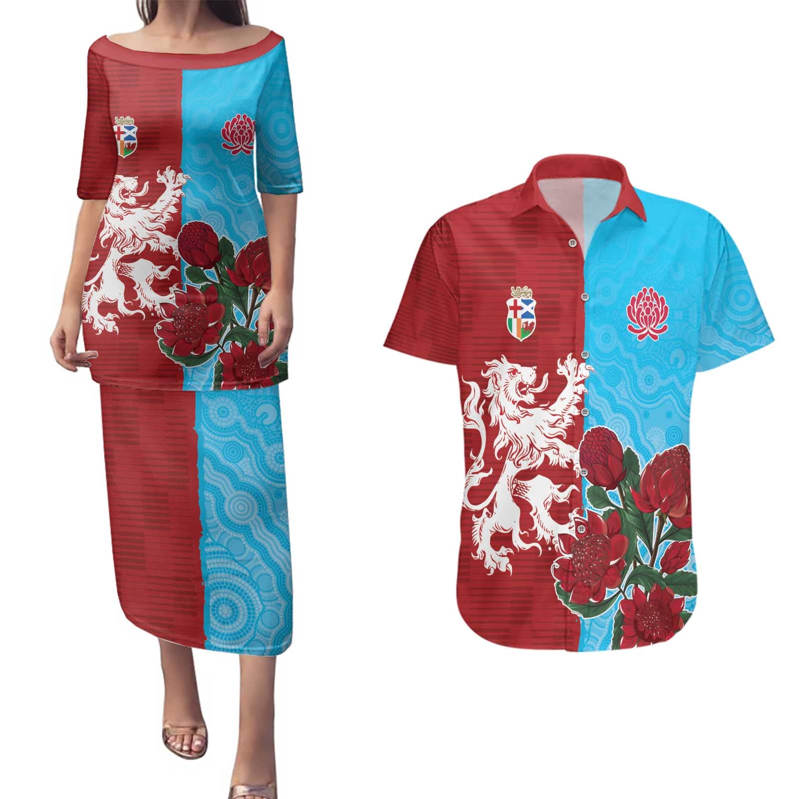 Custom British Lions Waratahs Couples Matching Puletasi and Hawaiian Shirt Unique Style - Aussie Hoodie