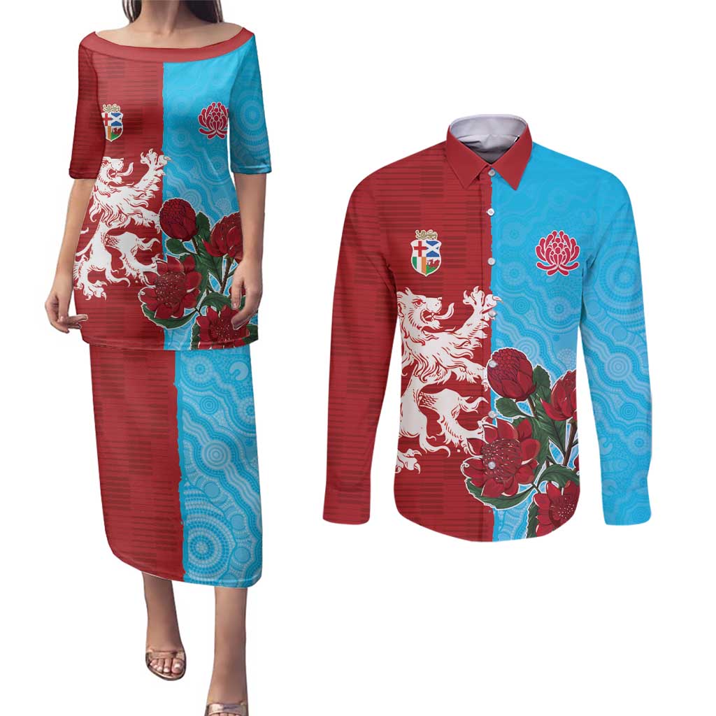 Custom British Lions Waratahs Couples Matching Puletasi and Long Sleeve Button Shirt Unique Style - Aussie Hoodie