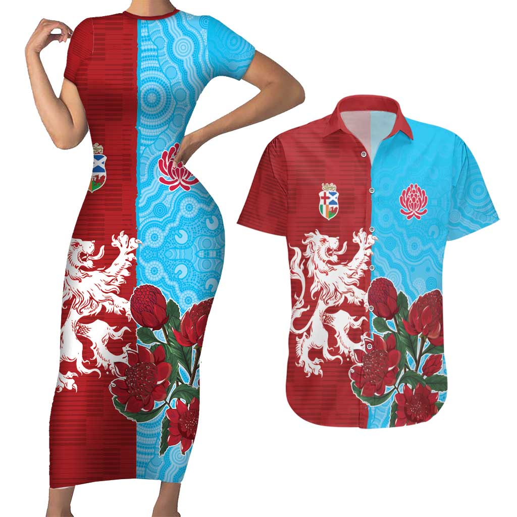 Custom British Lions Waratahs Couples Matching Short Sleeve Bodycon Dress and Hawaiian Shirt Unique Style - Aussie Hoodie