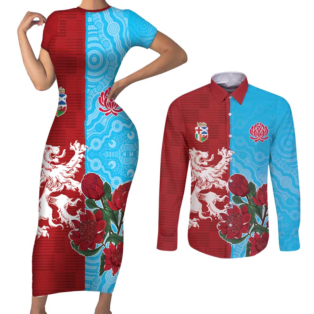 Custom British Lions Waratahs Couples Matching Short Sleeve Bodycon Dress and Long Sleeve Button Shirt Unique Style - Aussie Hoodie