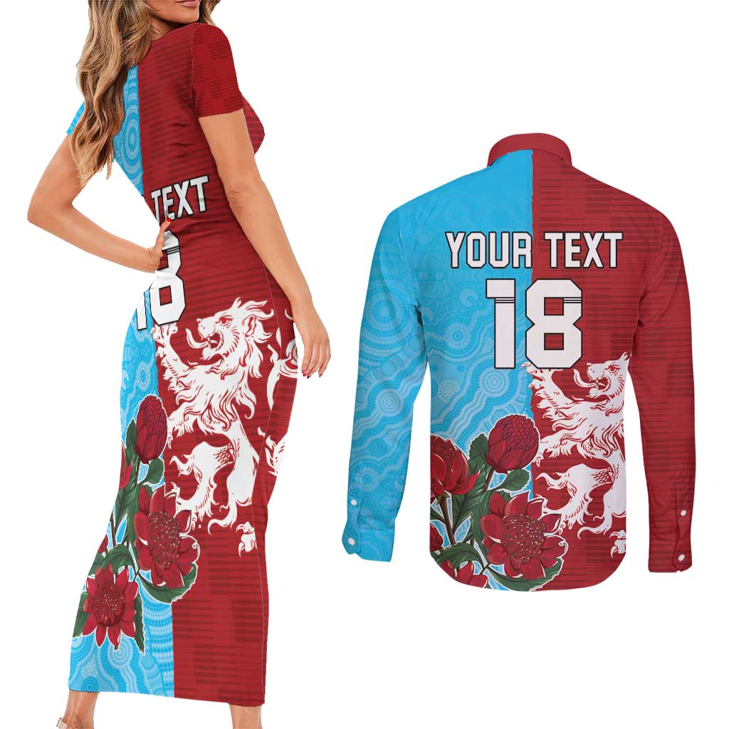 Custom British Lions Waratahs Couples Matching Short Sleeve Bodycon Dress and Long Sleeve Button Shirt Unique Style - Aussie Hoodie