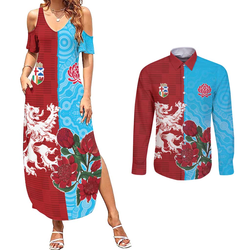 Custom British Lions Waratahs Couples Matching Summer Maxi Dress and Long Sleeve Button Shirt Unique Style - Aussie Hoodie