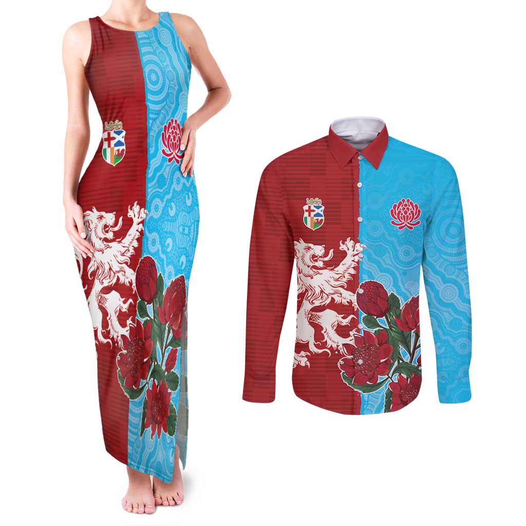 Custom British Lions Waratahs Couples Matching Tank Maxi Dress and Long Sleeve Button Shirt Unique Style - Aussie Hoodie