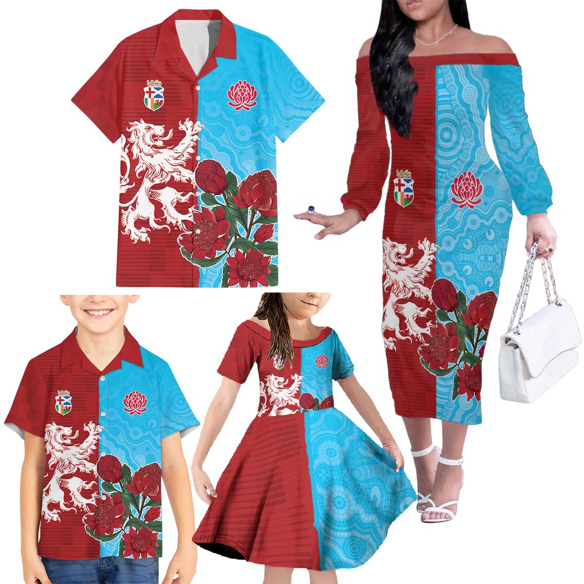 Custom British Lions Waratahs Family Matching Off The Shoulder Long Sleeve Dress and Hawaiian Shirt Unique Style - Aussie Hoodie