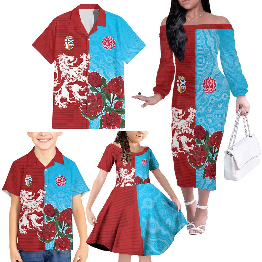 Custom British Lions Waratahs Family Matching Off The Shoulder Long Sleeve Dress and Hawaiian Shirt Unique Style - Aussie Hoodie
