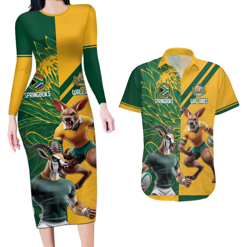 Personalized Rugby South Africa Australia Couples Matching Long Sleeve Bodycon Dress and Hawaiian Shirt Springboks Wallabies Mascot Go Champions - Aussie Hoodie