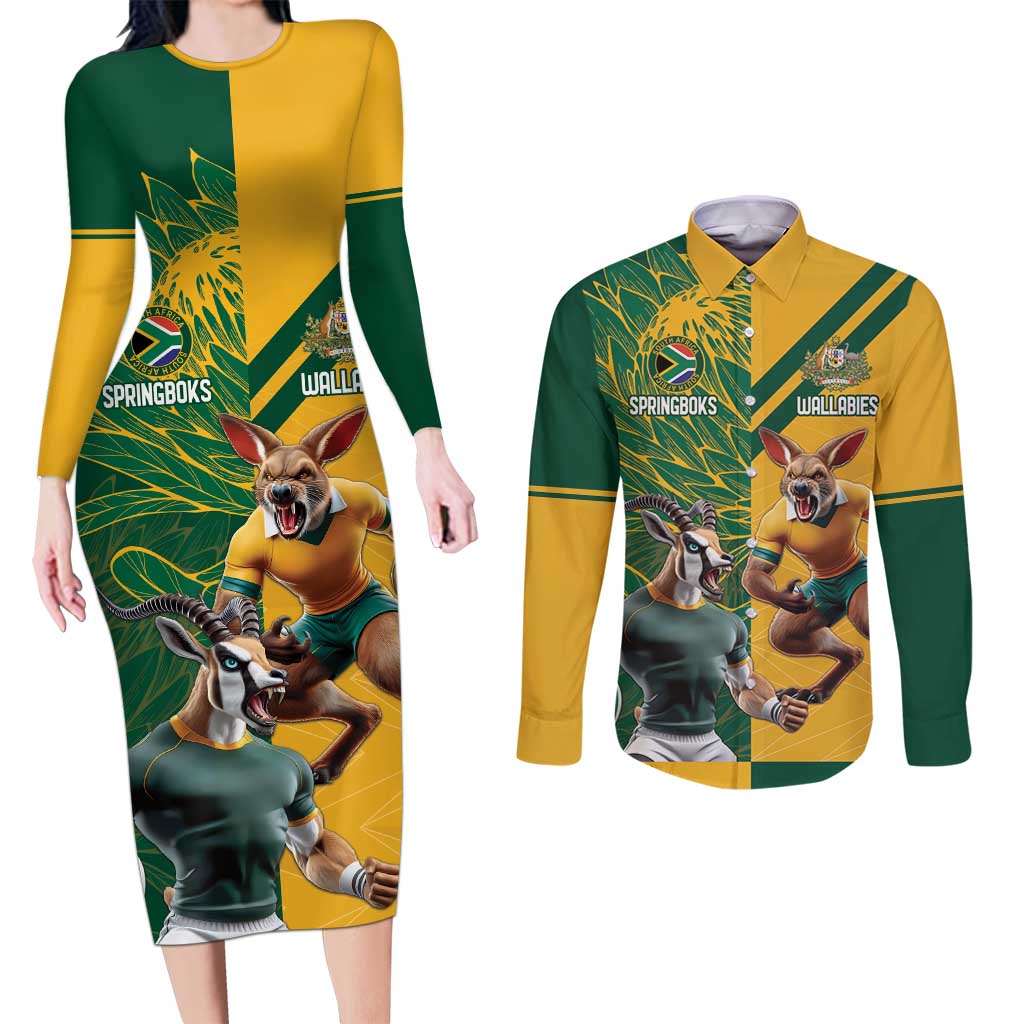 Personalized Rugby South Africa Australia Couples Matching Long Sleeve Bodycon Dress and Long Sleeve Button Shirt Springboks Wallabies Mascot Go Champions - Aussie Hoodie