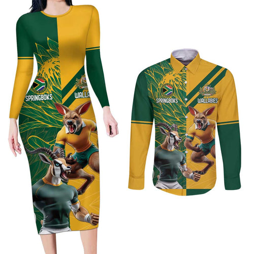 Personalized Rugby South Africa Australia Couples Matching Long Sleeve Bodycon Dress and Long Sleeve Button Shirt Springboks Wallabies Mascot Go Champions - Aussie Hoodie