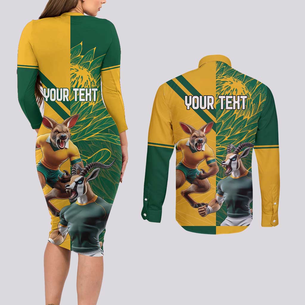 Personalized Rugby South Africa Australia Couples Matching Long Sleeve Bodycon Dress and Long Sleeve Button Shirt Springboks Wallabies Mascot Go Champions - Aussie Hoodie