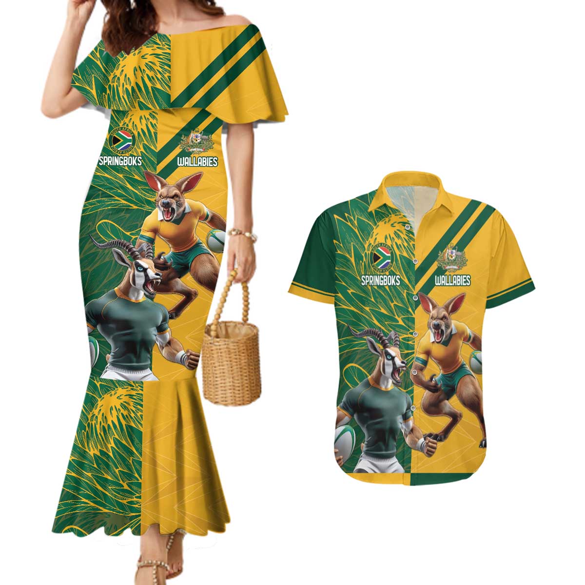 Personalized Rugby South Africa Australia Couples Matching Mermaid Dress and Hawaiian Shirt Springboks Wallabies Mascot Go Champions - Aussie Hoodie