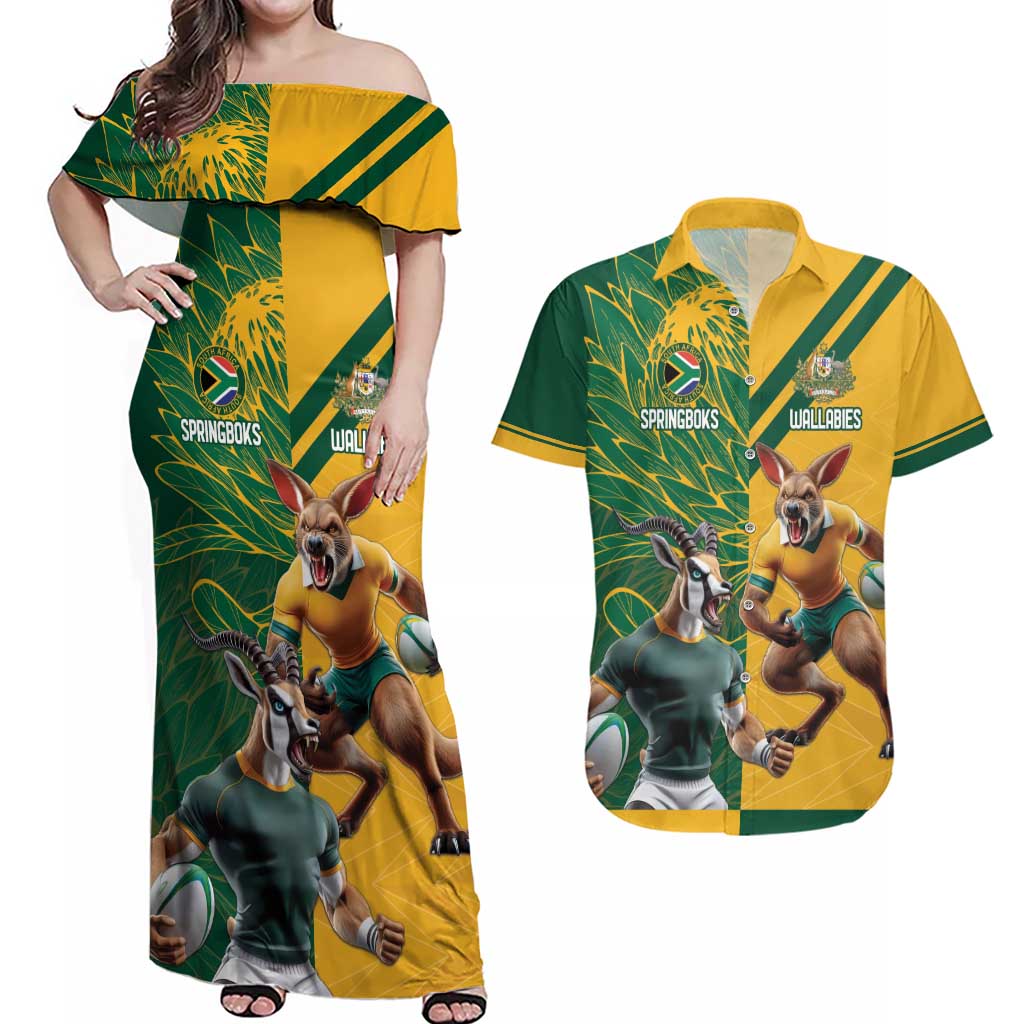 Personalized Rugby South Africa Australia Couples Matching Off Shoulder Maxi Dress and Hawaiian Shirt Springboks Wallabies Mascot Go Champions - Aussie Hoodie