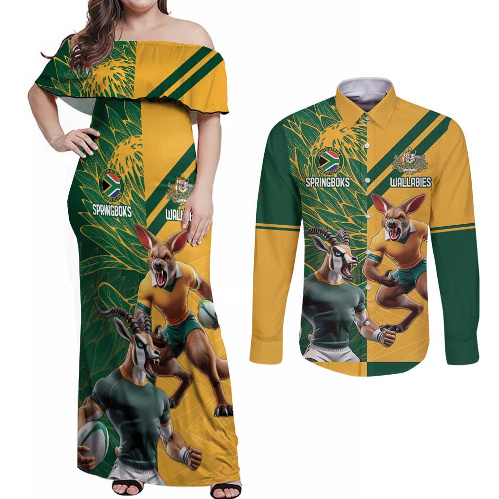 Personalized Rugby South Africa Australia Couples Matching Off Shoulder Maxi Dress and Long Sleeve Button Shirt Springboks Wallabies Mascot Go Champions - Aussie Hoodie